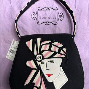 Lulu Guinness Black and Pink Striped Face Shoulder Bag NWT
